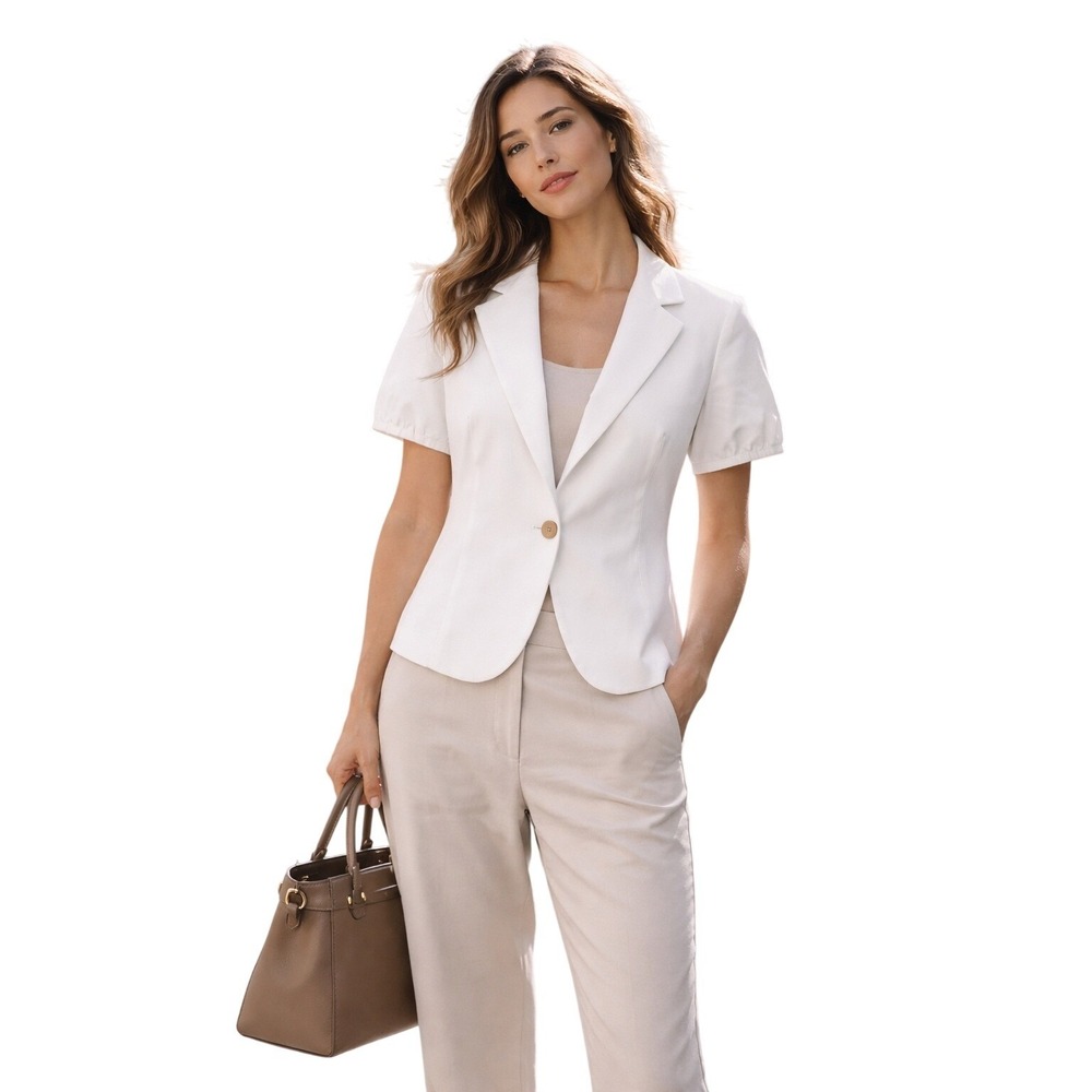 Theory Alair White Blazer Jacket Sz 8 Short Sleeve Cotton Stretch Minimalist